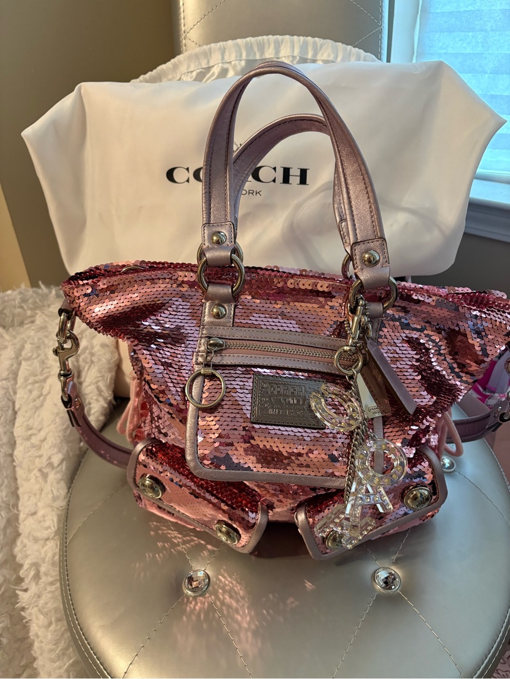 Coach Poppy Pink Sequin Shoulder Bag Tote Y2K Charm Purse